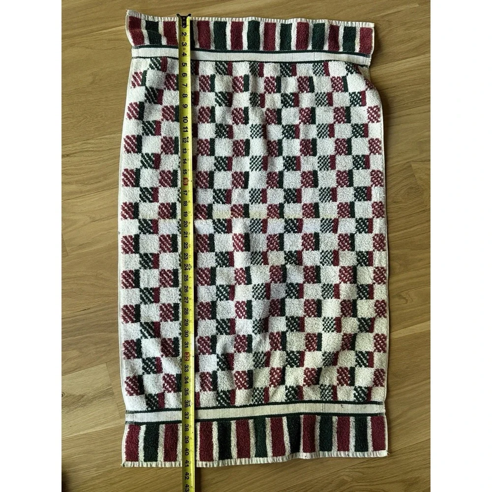 VTG Cotton Bath Towel Burgundy Green White Checked Plaid Border Stripe 42x25